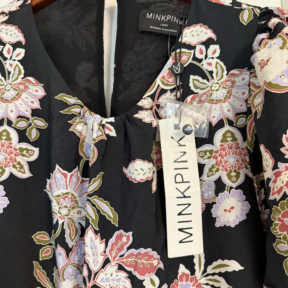 NWT! MINKPINK Women’s LARGE Willow Midi Dress in Black Floral Puff Sleeve - Picture 6 of 10